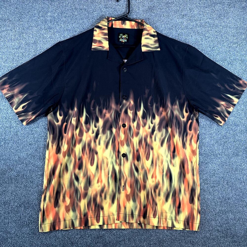 Benny’s Men’s L Flame Fire Shirt Black Orange Y2K Bowling Hawaiian Button Up